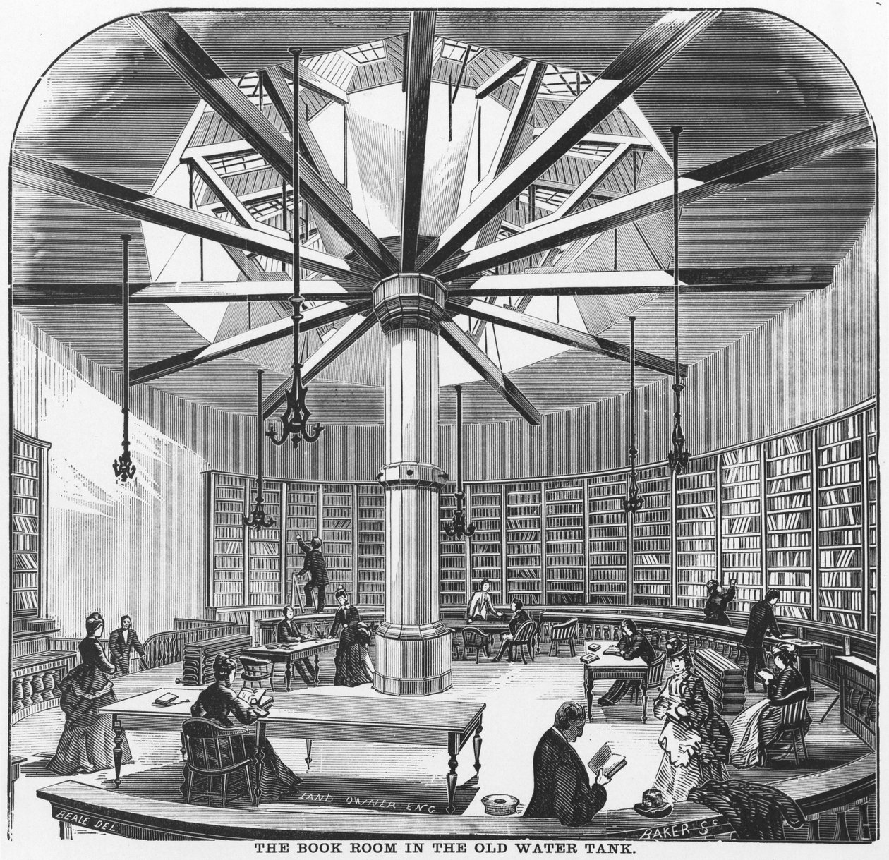 The Book Room in the Old Water Tank, fra The Merchants and Manufacturers of Chicago, udgivet af J.M. Wing & Co., 1873 af American School