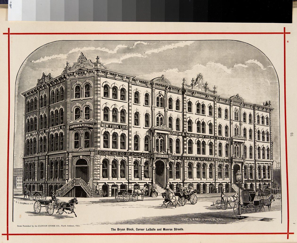 Bryan Block, hjørnet af LaSalle og Monroe Streets, Chicago, Illustration i The Merchants and Manufacturers of Chicago Illustrated, 1873 af American School