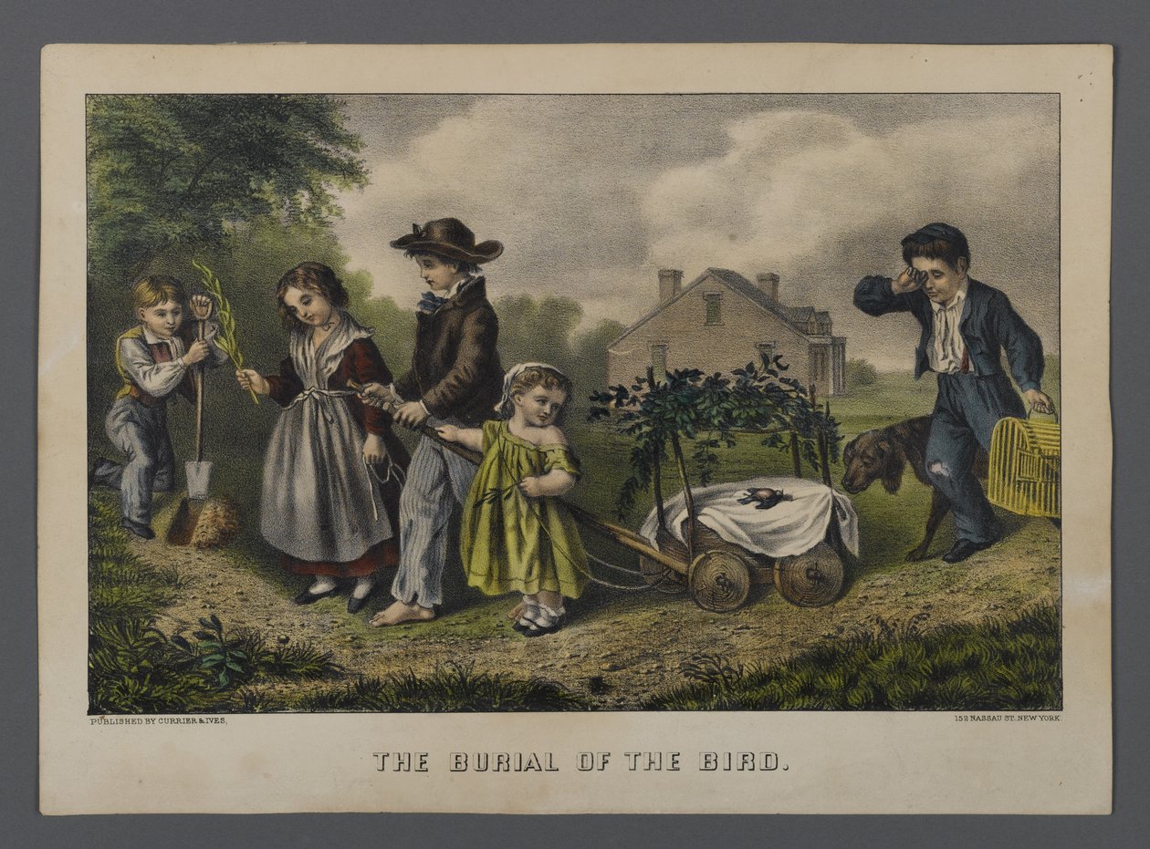 The Burial of the Bird, udgivet af Currier & Ives, New York (håndfarvet litho) af American School