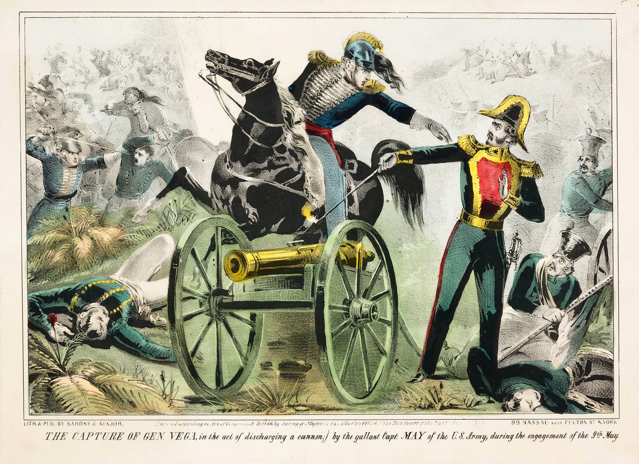 Capture of General Vega, i færd med at affyre en kanon, af den galante Capt. May fra den amerikanske hær, under forlovelsen den 9. maj, pub.1846 (håndfarvet litho) af American School