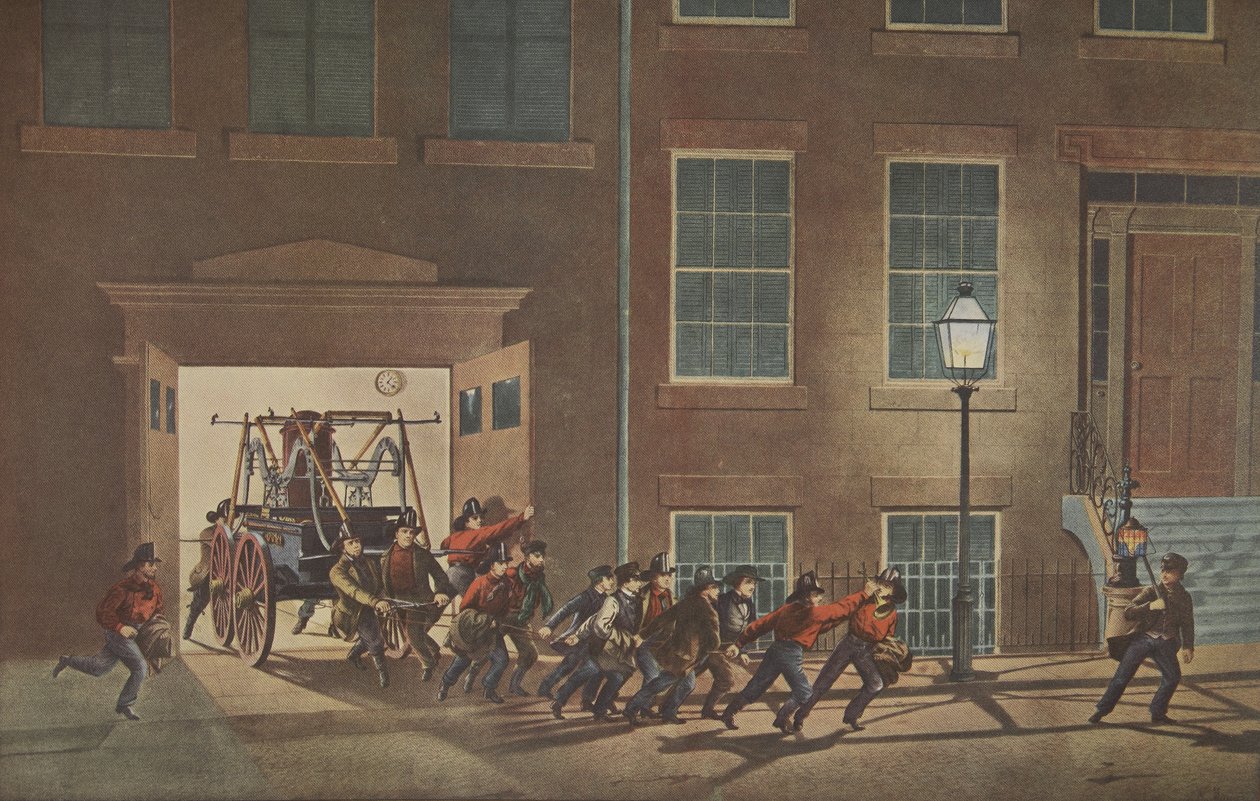 En brandmands liv - Night Alarm, pub. 1854, Currier & Ives af American School