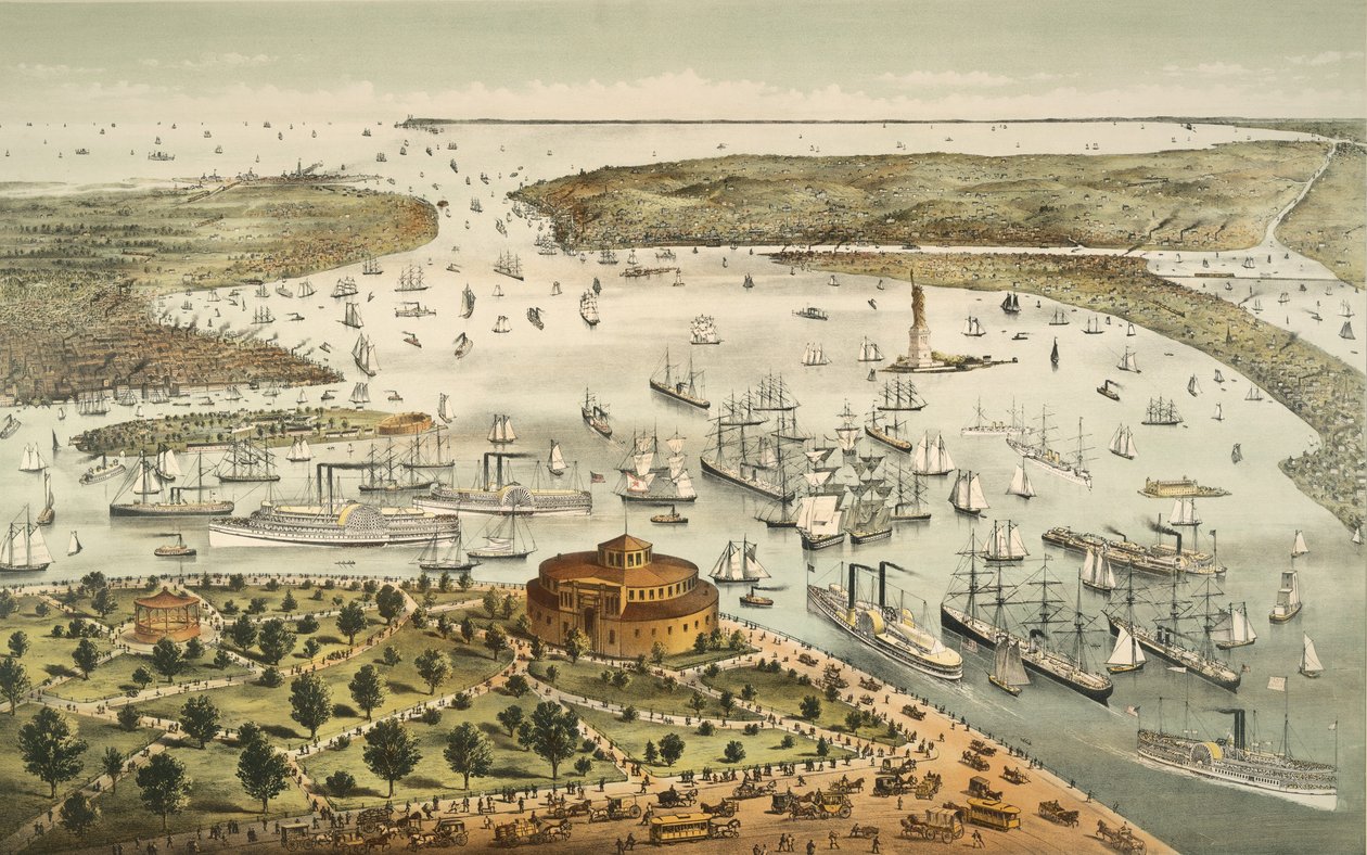 Havnen i New York: Birds Eye View from the Battery, looking South, pub. 1892 af American School