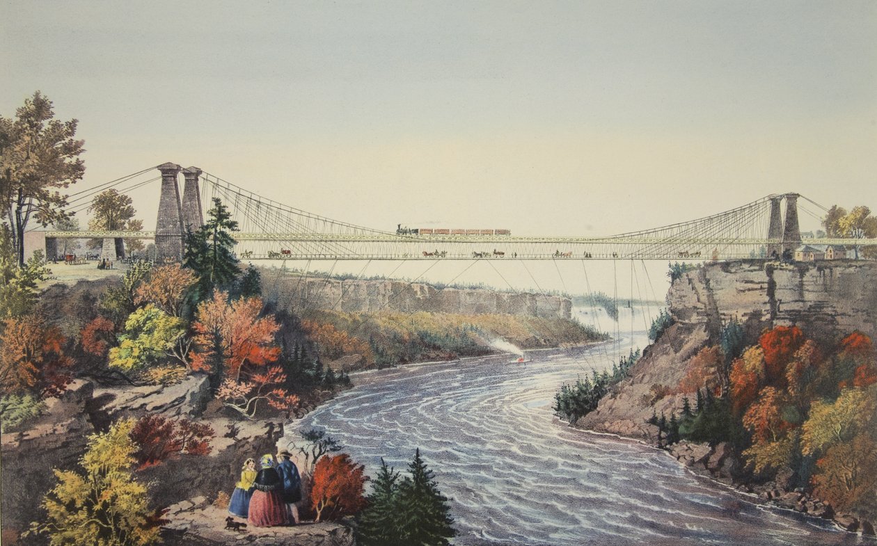 Jernbanevejens hængebro nær Niagara Falls, 1856, Currier & Ives af American School