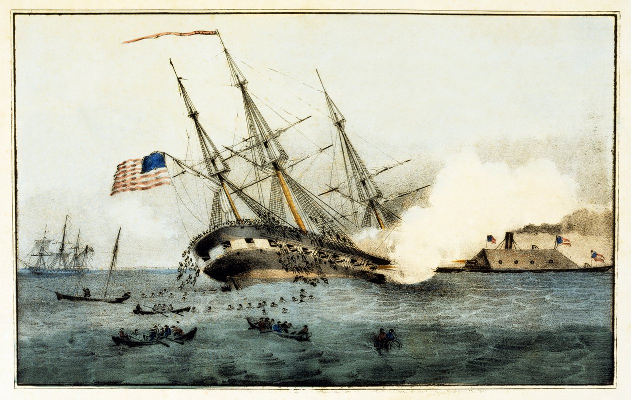 The Sinking of the Cumberland af den Iron Clad Merrimac, ud for Newport News, Va., 8. marts 1862, pub. 1862 af American School