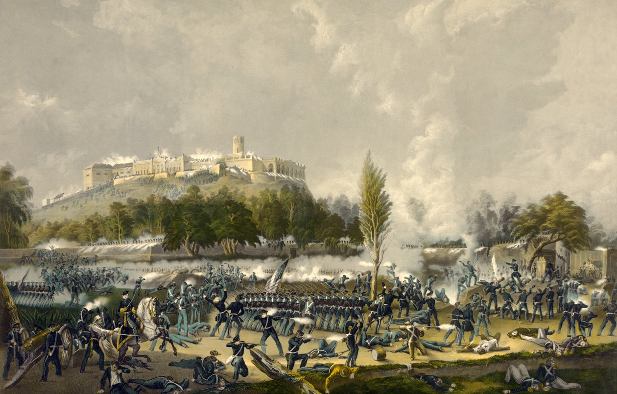 Stormningen af Chapultepec, 13. september 1847, udgivet. 1848 (farvelitografi) af American School