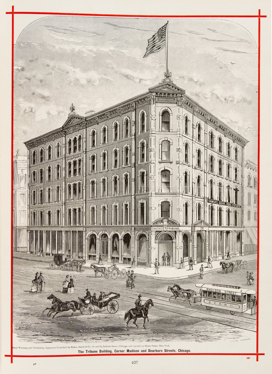 The Tribune Building på hjørnet af Madison og Dearborn Streets, Chicago, Illustration i The Merchants and Manufacturers of Chicago Illustrated, 1873 af American School