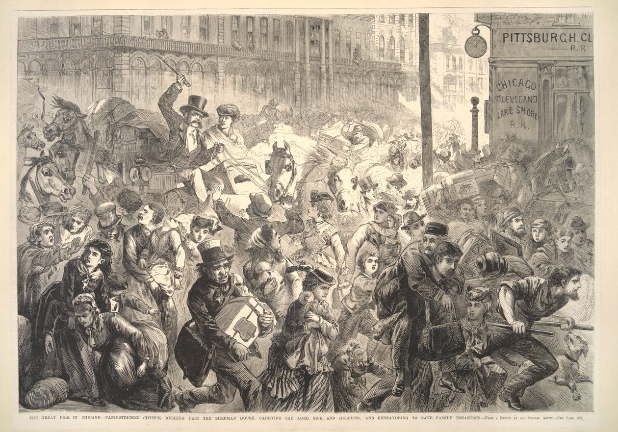 Den store brand i Chicago: panikramte borgere, der skynder sig forbi Sherman House, illustration fra Frank Leslies Illustrated Newspaper, 1871 af American School