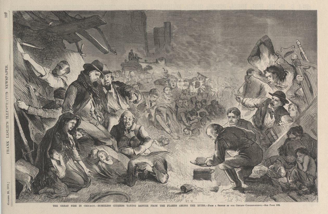 Den store brand i Chicago - hjemløse borgere, der tager tilflugt fra flammerne blandt ruinerne, illustration fra Frank Leslies Illustrated Newspaper, 1871 af American School