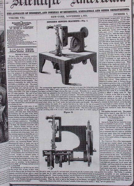 Den originale model af symaskinen af Isaac Merrit Singer (1811-75) fra The Scientific American, 1. november 1851 af American School