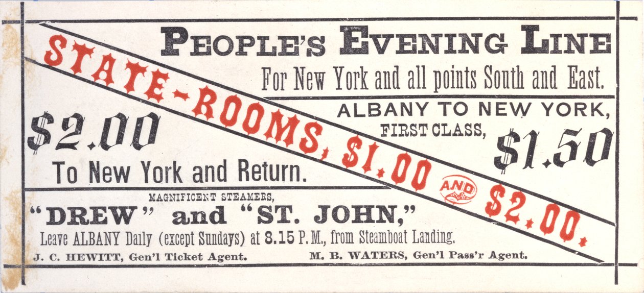 Billet til Peoples Evening Line, Albany til New York, recto (gravering [billet]) af American School