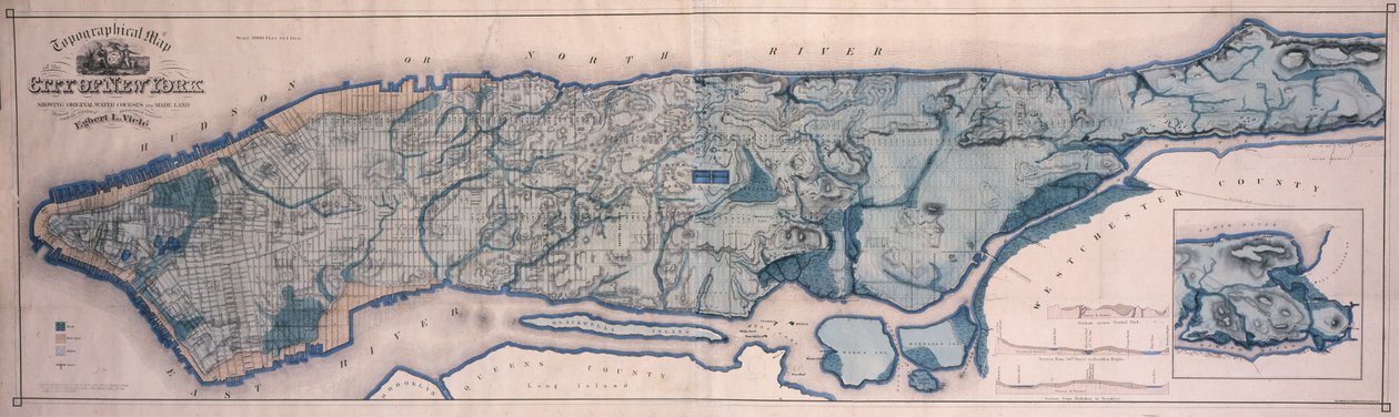 Topografisk kort over New York, der viser vandløb og lavet land, 1865, 1865 (sort blæk, med farvevask, på papir bakket med klud) af American School