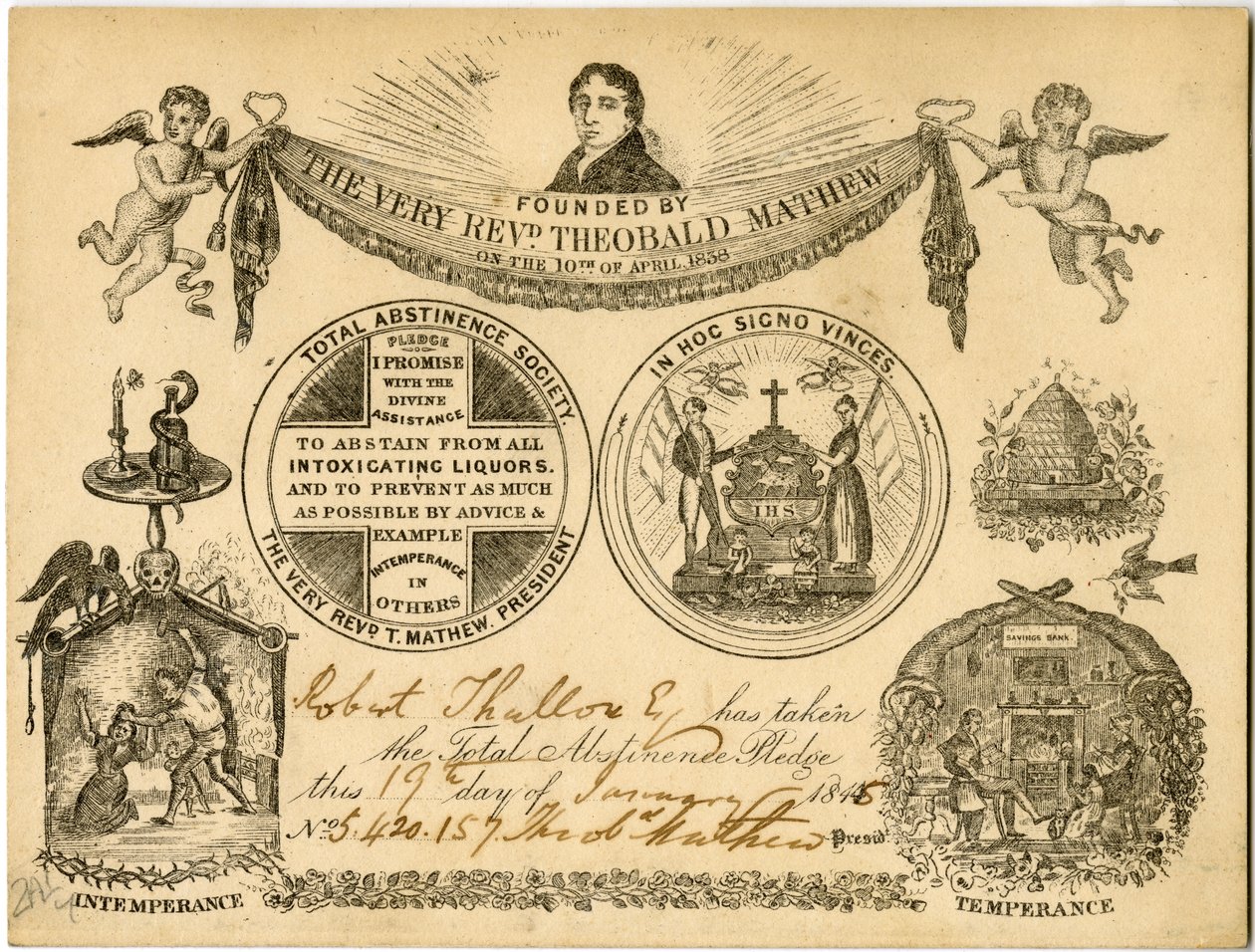 Total Abstinence Society Total Abstinence Pledge-kort for Robert Thallow, 1845 af American School