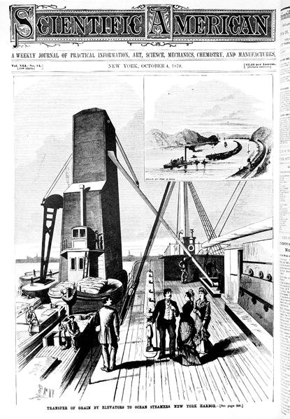 Overførsel af korn fra elevatorer til oceandampere, New York Harbour, illustration fra Scientific American, 4. oktober 1879 af American School