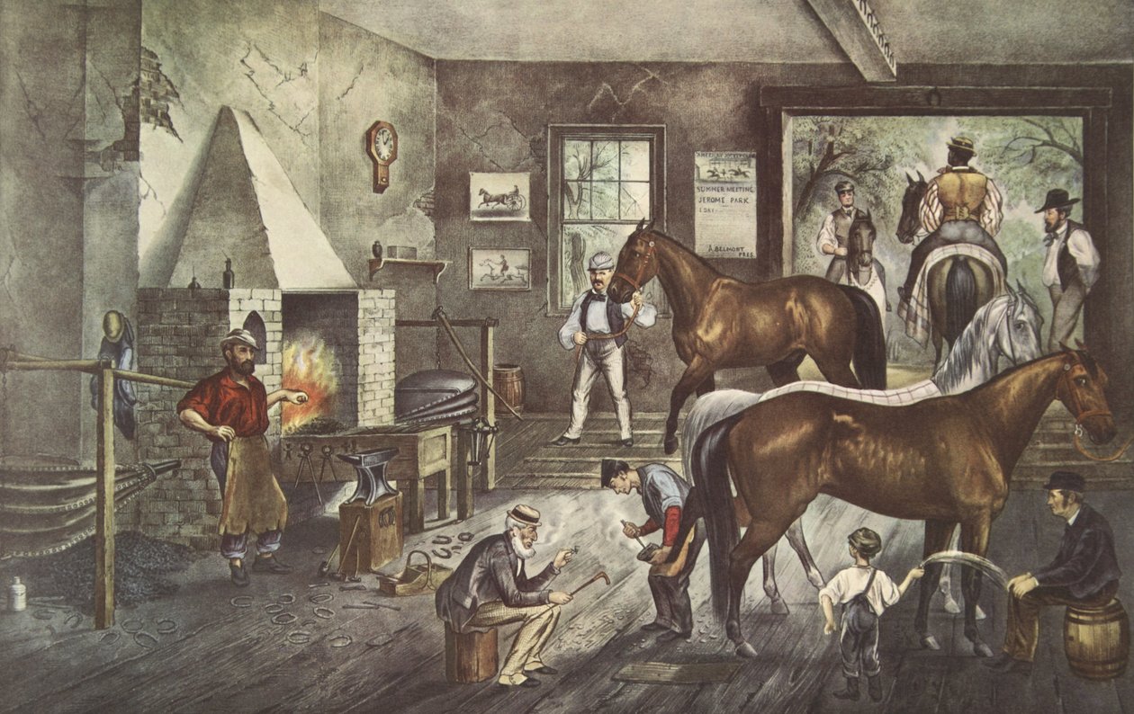 Trotting Cracks at the Forge, pub. 1869, Currier & Ives af American School