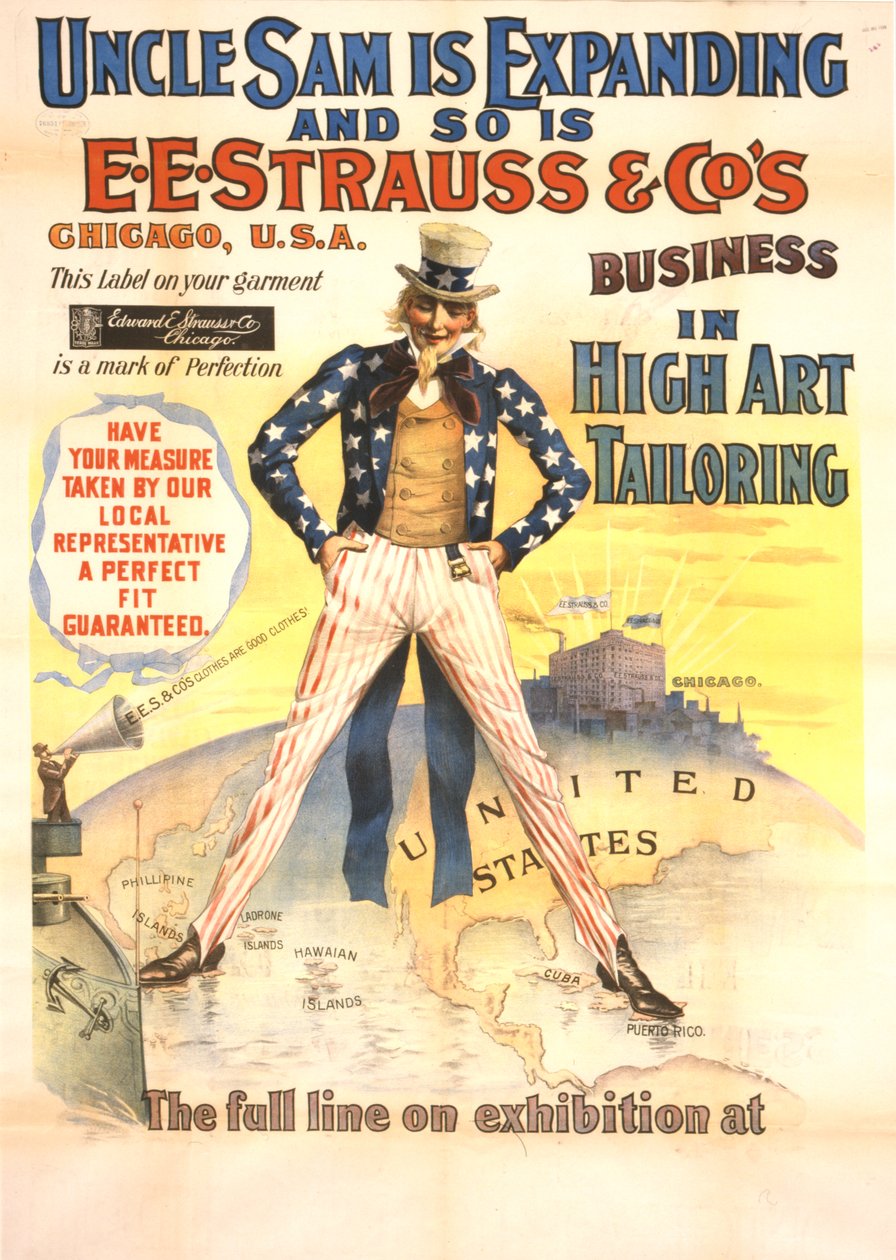 Onkel Sam ekspanderer, og det samme gør E.E. Strauss & Co.s forretning inden for højkunstskrædderarbejde, ca. 1898 af American School