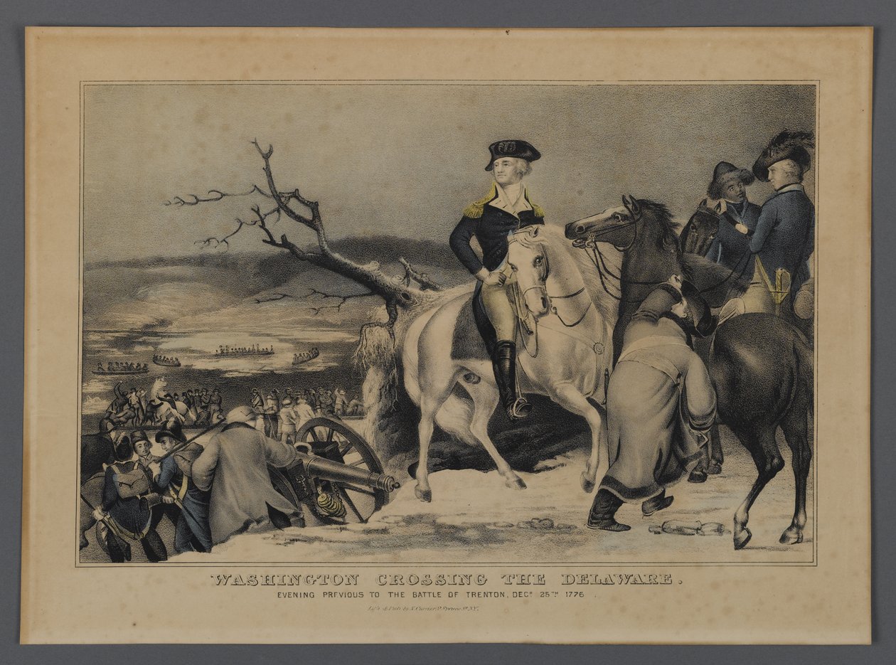 Washington Crossing the Delaware, udgivet af Currier & Ives, New York, 1876 (håndfarvet litho) af American School