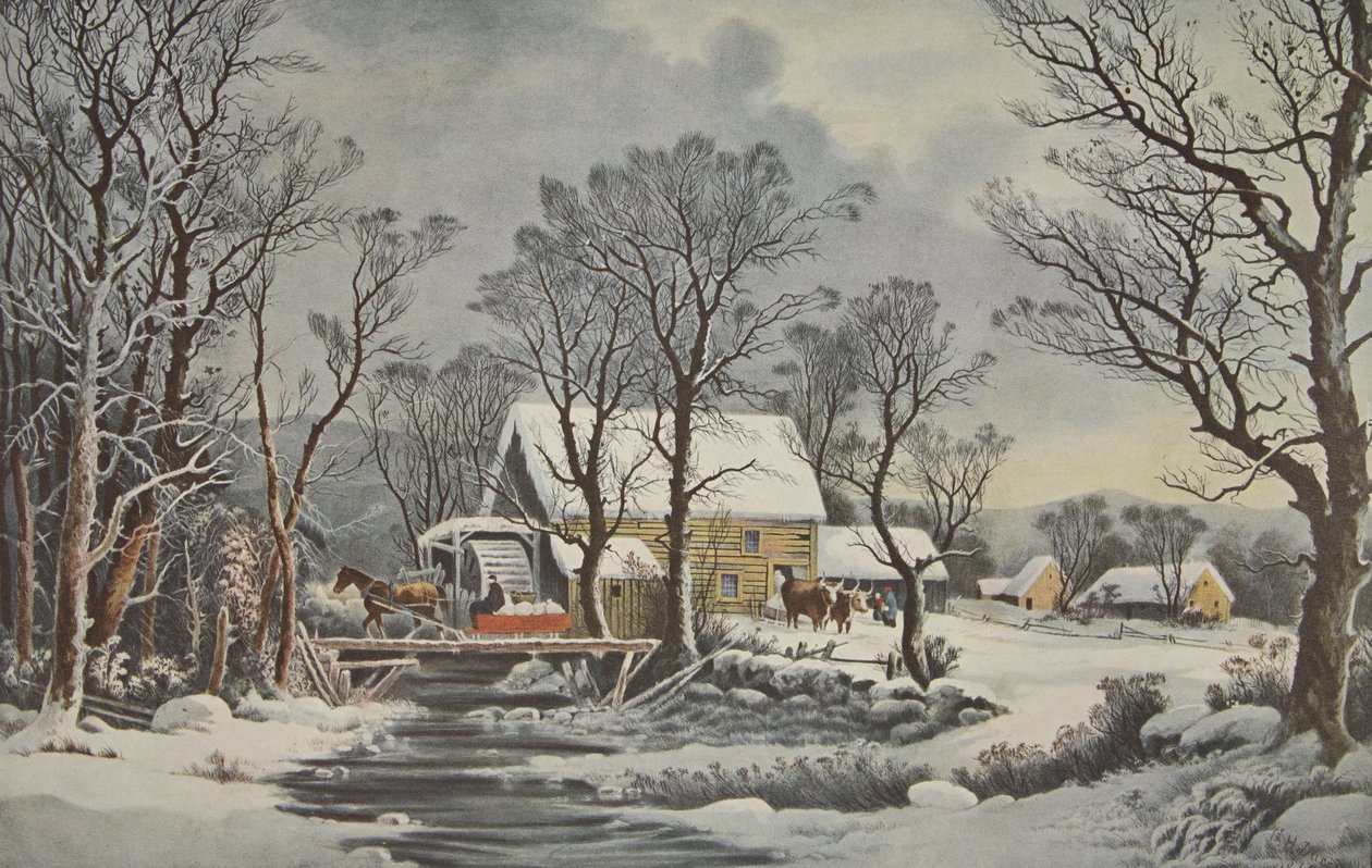 Vinter på landet - The Old Grist Mill, pub. 1864, Currier & Ives af American School