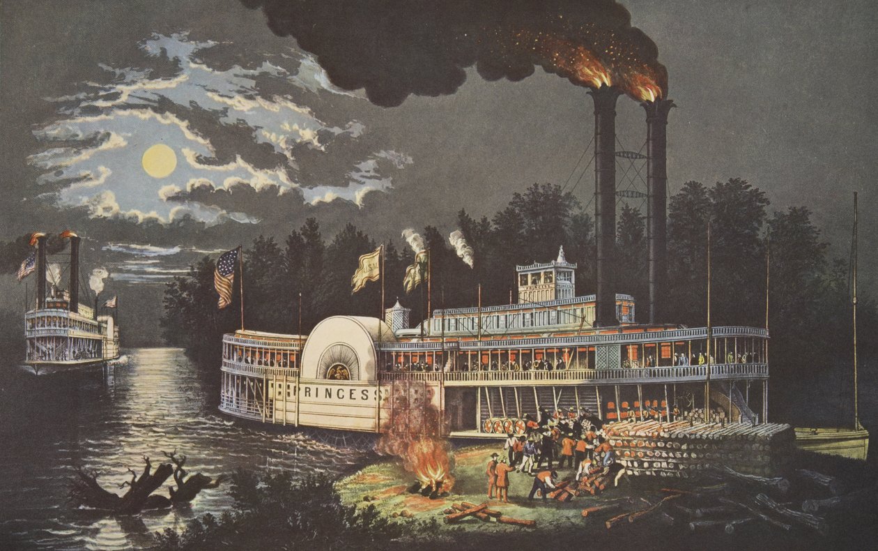 Wooding Up On The Mississippi, pub. 1863, Currier & Ives af American School