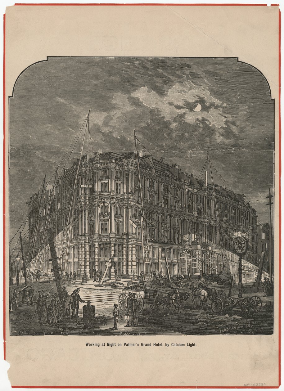 Arbejder om natten på Palmers Grand Hotel af Calcium Light, illustration fra The Land Owner, ca. 1872 af American School