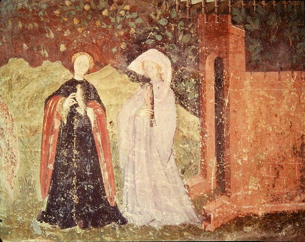 Juni måned, detalje af to kvinder, der går en tur, ca.1400 af Bohemian School