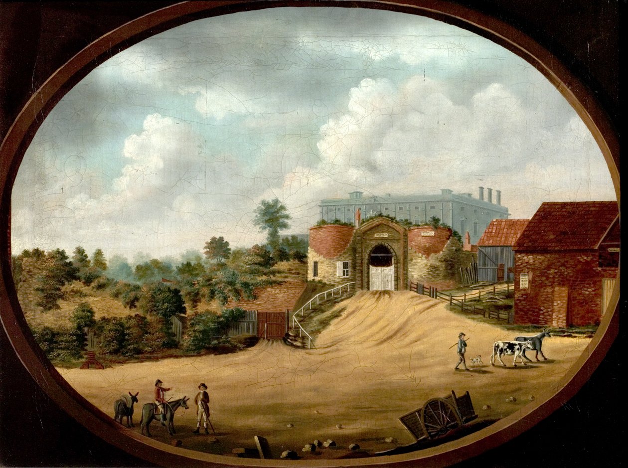 Udsigt over den gamle port og slottet, Nottingham, ca. 1795 af British School