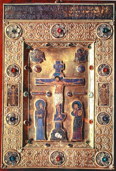 Plade, der viser korsfæstelsen med Jomfru Maria og Johannes Døberen (guld, emalje og ædelstene) af Byzantine