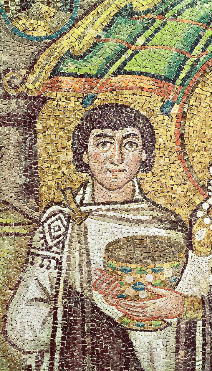 Kejserinde Theodora med sit hof bestående af to ministre og syv kvinder, ca. 547 e.Kr. (mosaik) (detaljer fra 220592) af Byzantine School