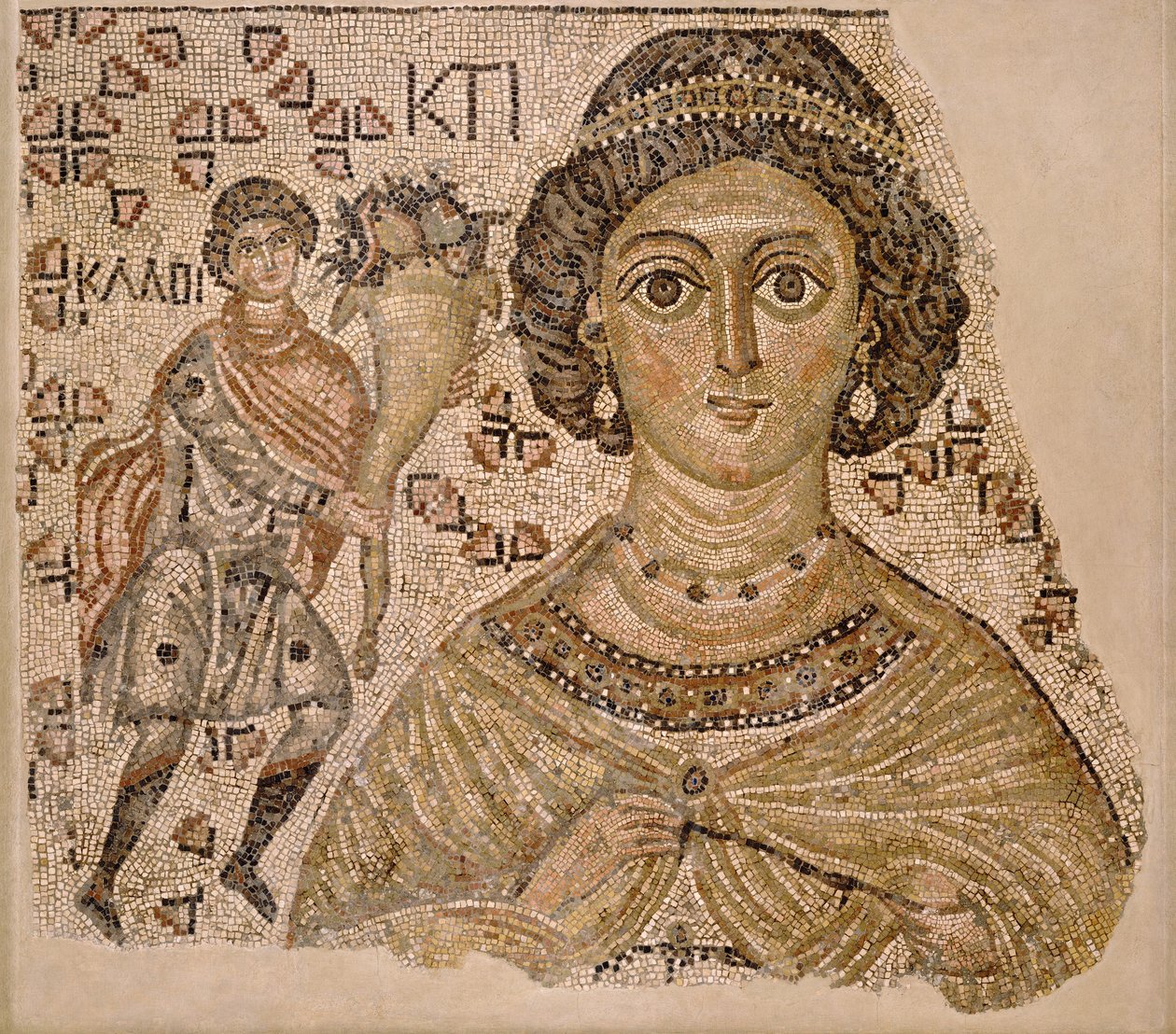 Fragment af en gulvmosaik med en personificering af Ktisis, 500-550 (marmor og glas) af Byzantine School