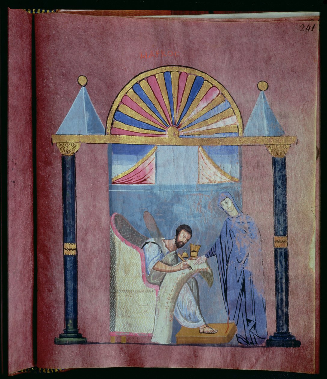 Ms EAB 644 fol.241 Jomfruen dikterer evangeliet til Markus, fra Rossano-evangeliet af Byzantine School