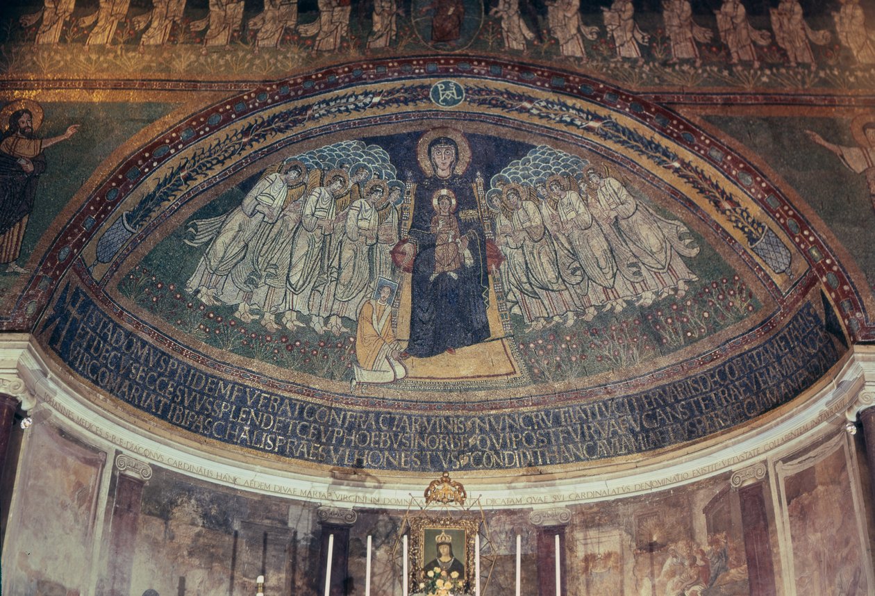 Pave Paschal I (817-24) ved Jomfruens og Barnets fødder, fra apsis (mosaik) af Byzantine School
