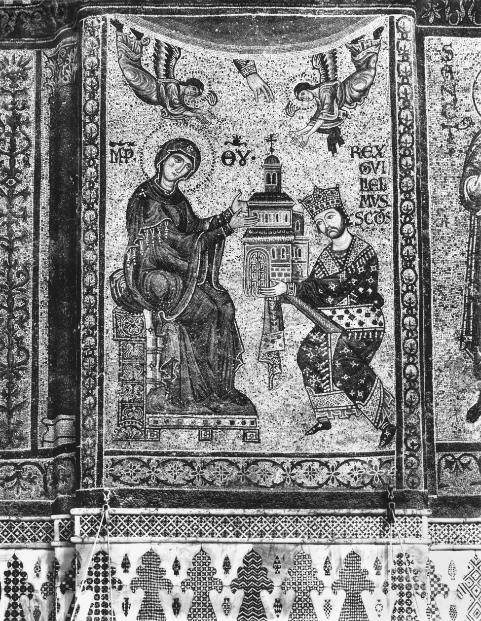 Kongen Vilhelm II af Sicilien tilbyder Monreale-kirken til Jomfruen (mosaik) af Byzantine School