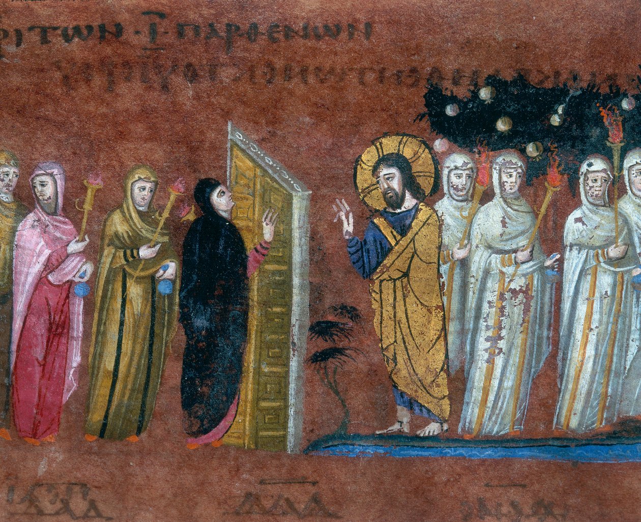 Lignelsen om de ti jomfruer, detalje fra miniaturen fra Codex Purpureus Rossanensis, græske evangelister i miniaturer sandsynligvis fra Antiokia i Syrien eller fra Cesarea Palæstina og opbevaret i Di af Byzantine School