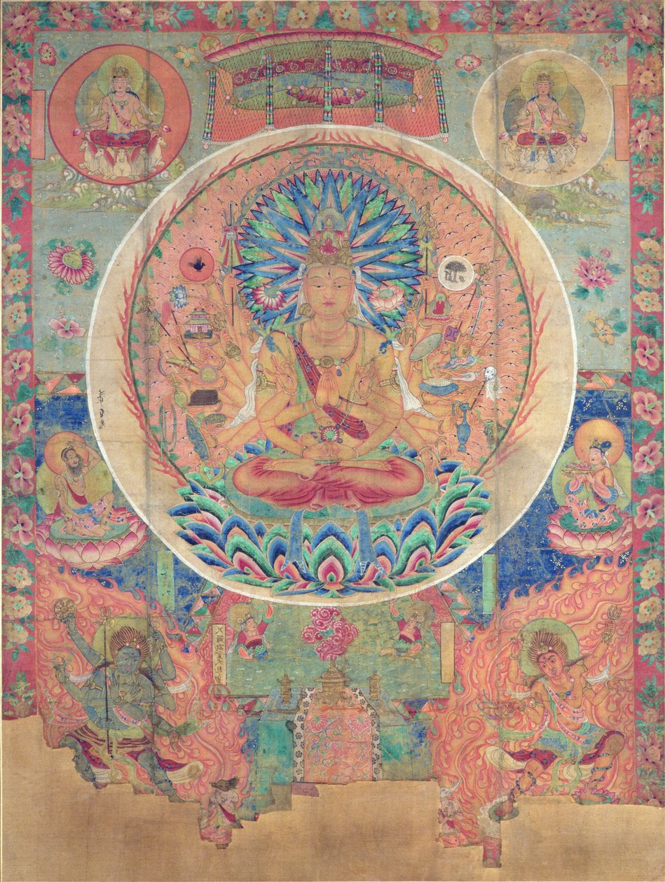 Ch.xxvviii.006 Mandalaen fra Sahasrabhuja Avalokitesvara, Tunhuang (stofmaling på silke) af Chinese School