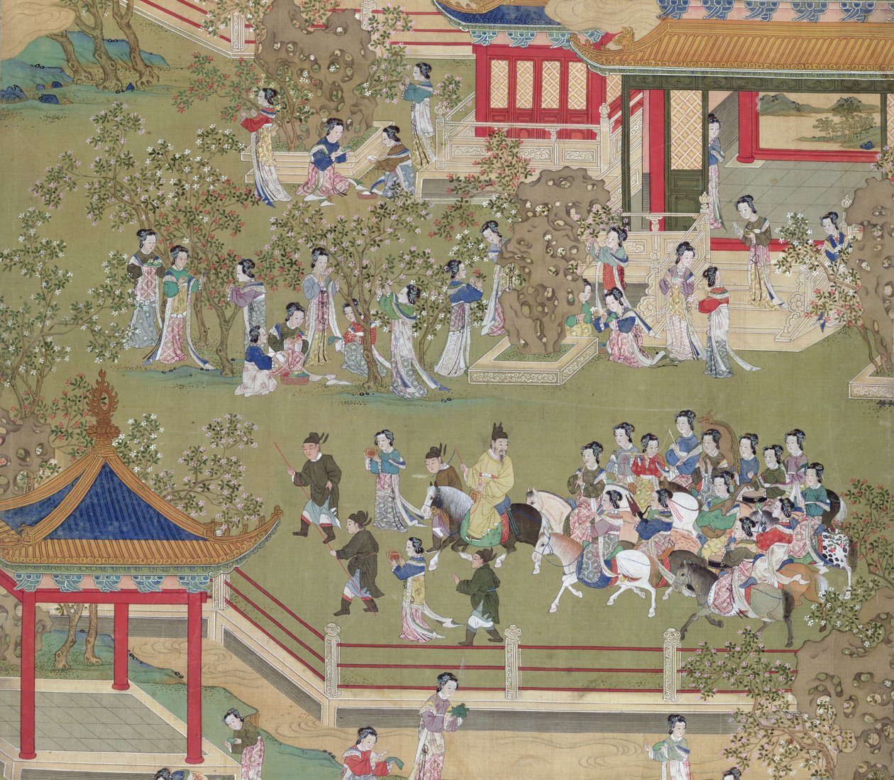 Kejser Yang Ti (581-618) spadserer i sin have med sine koner, fra en historie om de kinesiske kejsere (farve på silke) (detalje af 39132) af Chinese School