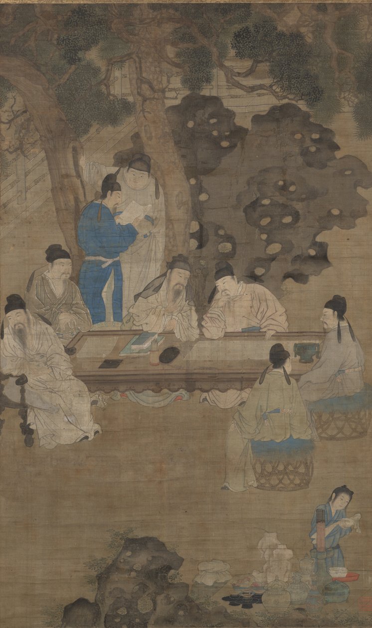 The Eighteen Scholars of Tang, 1600-tallet (blæk, farve og silke) af Chinese School
