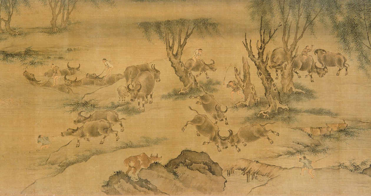 Vandbøfler og flokdrenge, kinesiske, 1368-1463 af Chinese School