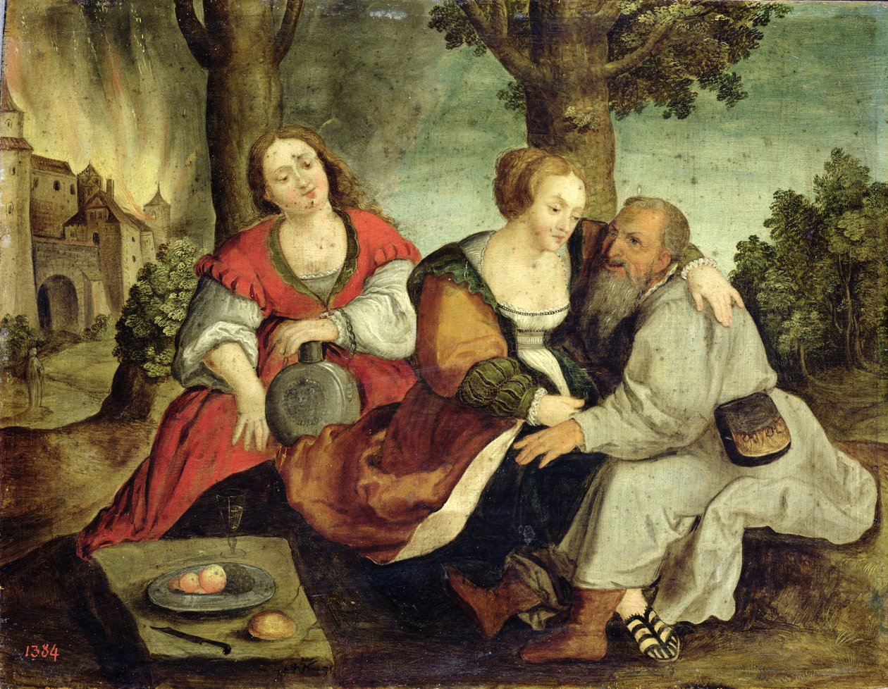 Lot og hans døtre, slutningen af det 16. århundrede (olie på egetræspanel) af Dutch School