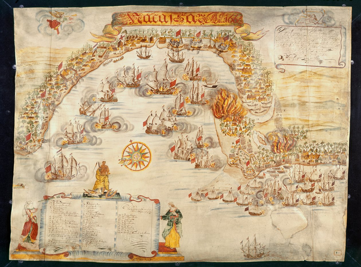 Byen Makassar, holdt af portugiserne og indtaget af hollænderne i 1660 af Dutch School