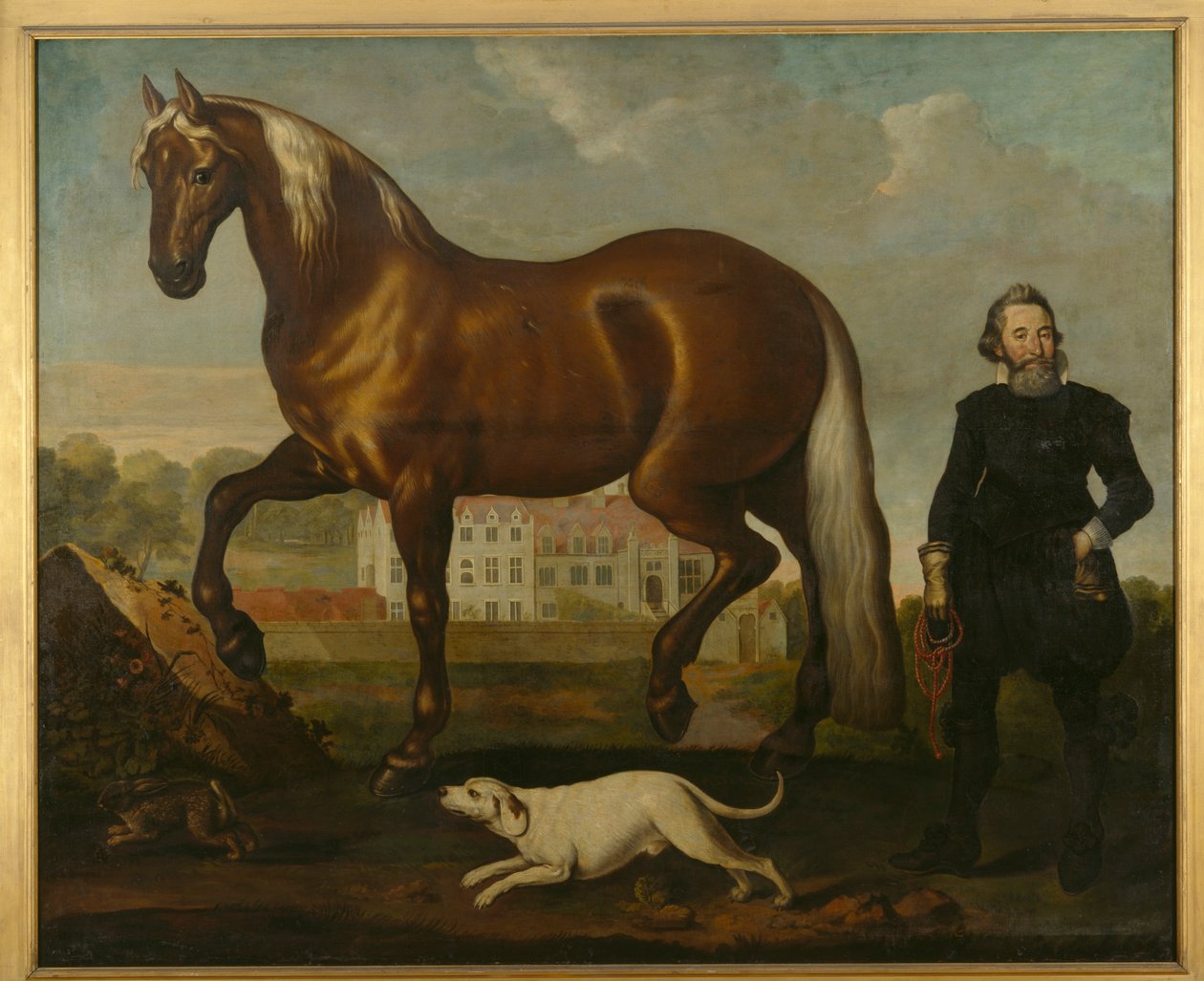 A Bay Horse med udsigt over Welbeck Abbey – West Front, ca. 1630 af English School