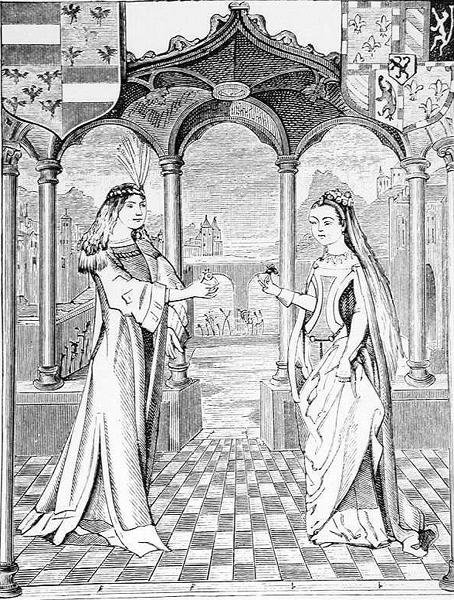 Et forlovelsesinterview, illustration fra videnskab og litteratur i middelalderen og renæssancen, skrevet og indgraveret af Paul Lacroix, 1878 af English School