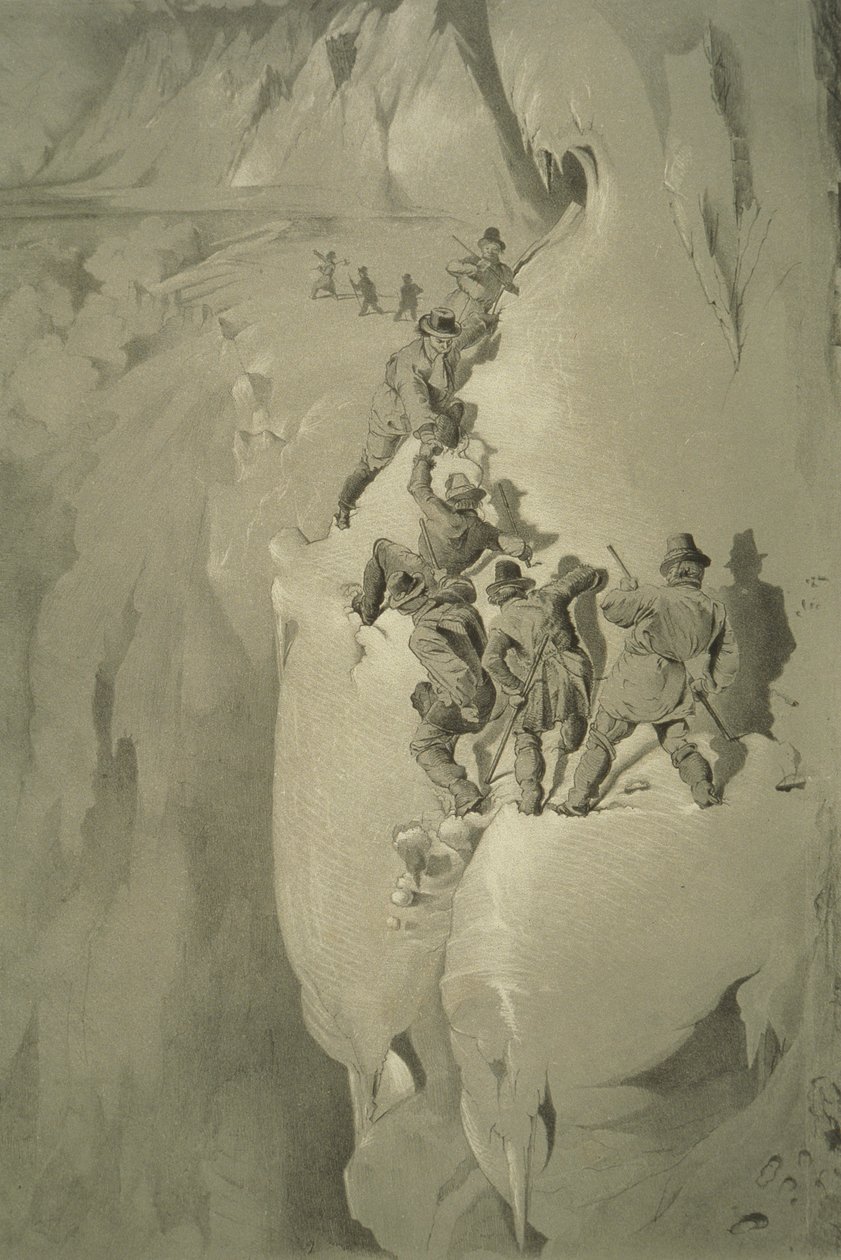 A Dangerous Corner, fra ti scener i den sidste opstigning af Mont Blanc inklusive fem udsigter fra topmødet, af J.D.H. Browne, udgivet 1853 af English School