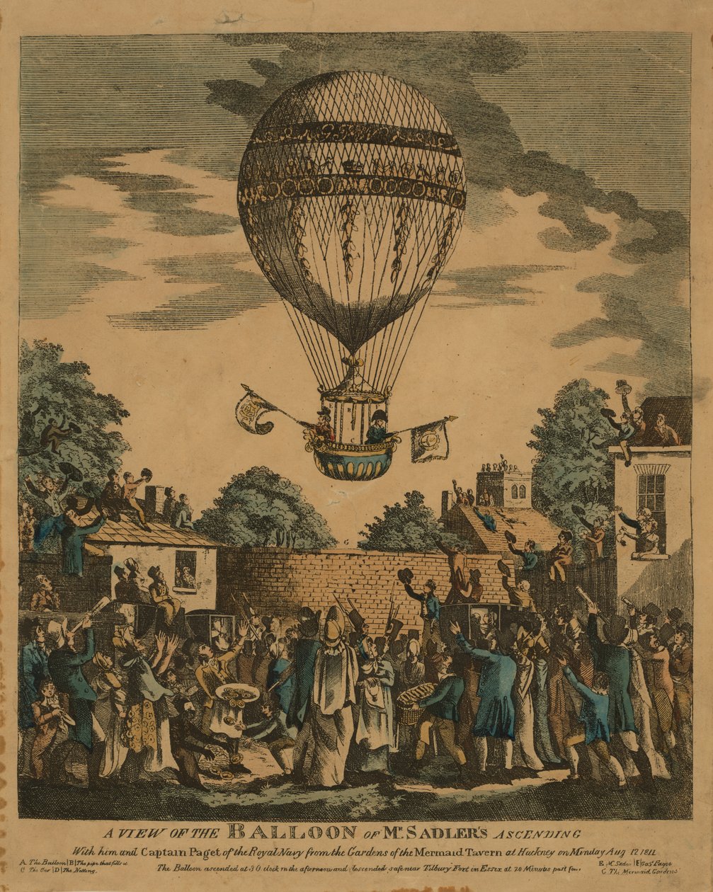 Et billede af ballonen af Mr. Sadlers, der stiger op med ham og kaptajn Paget fra Royal Navy fra haverne til Mermaid Tavern i Hackney mandag den 12. august 1811 af English School