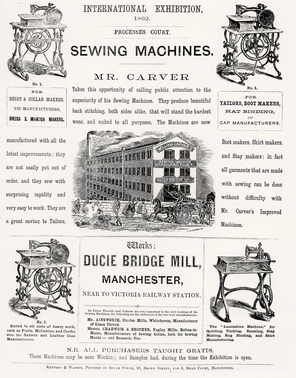 Annonce for den internationale udstilling af Mr Carvers symaskiner, 1862 af English School