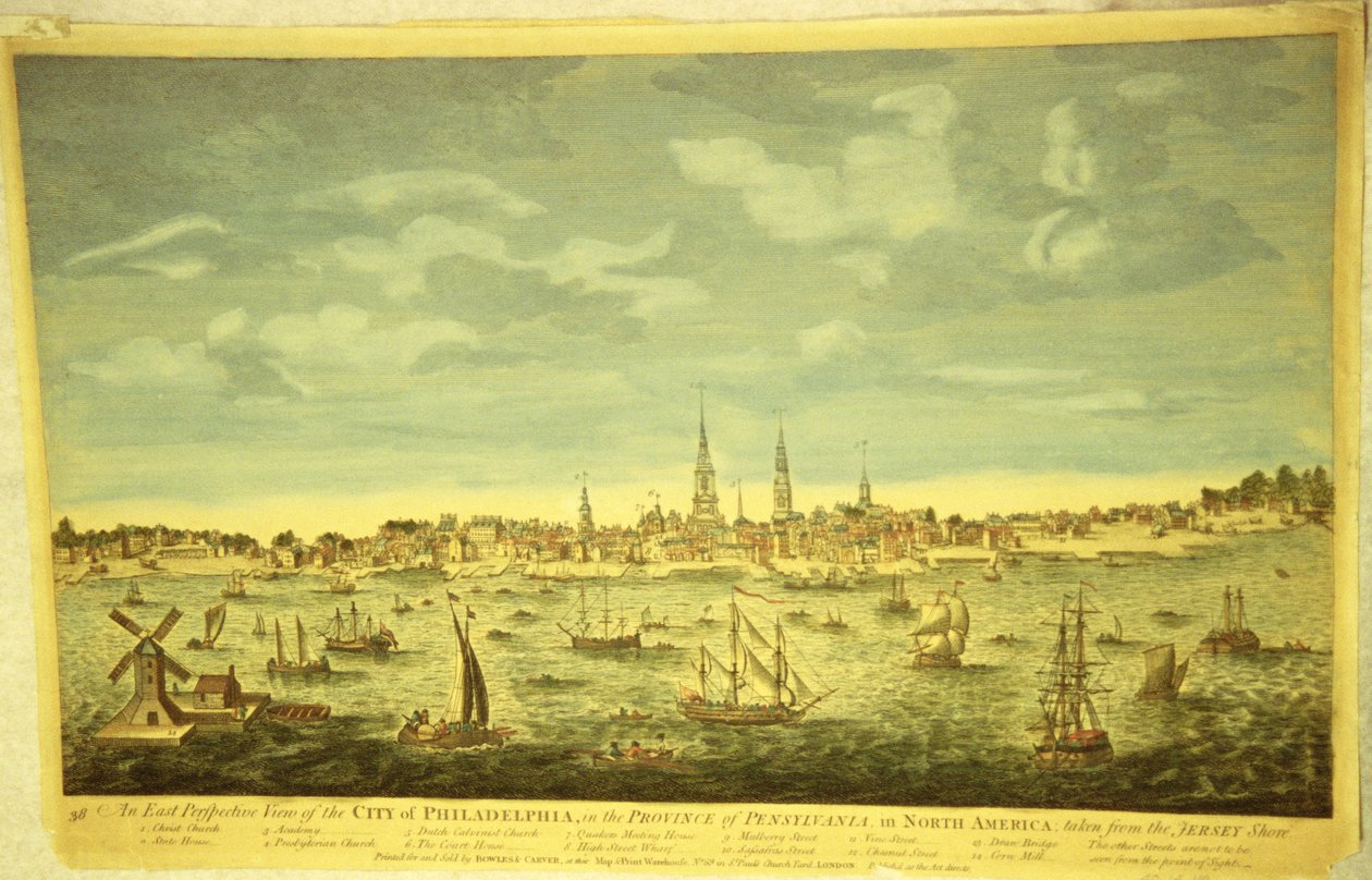 An East Perspective of the City of Philadelphia, ca. 1790 (håndfarvet gravering) af English School