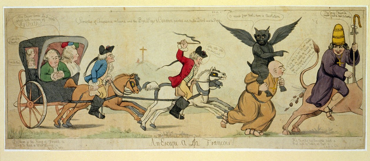 En flugt à la Francois, pub. London 1791 (håndfarvet gravering) af English School