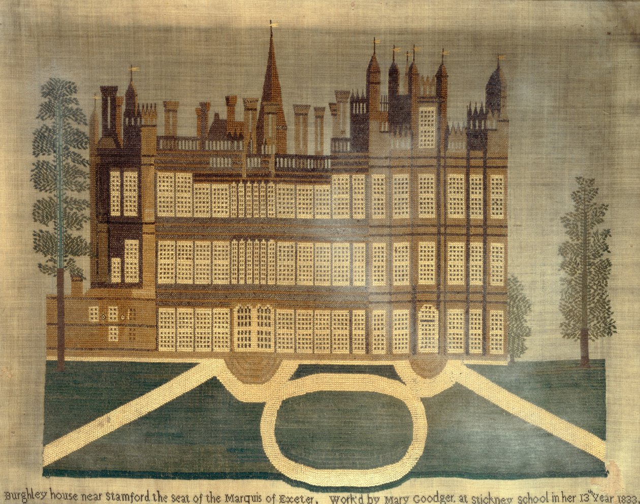 Burghley House nær Stamford, 1833 (korssting på linned) af English School