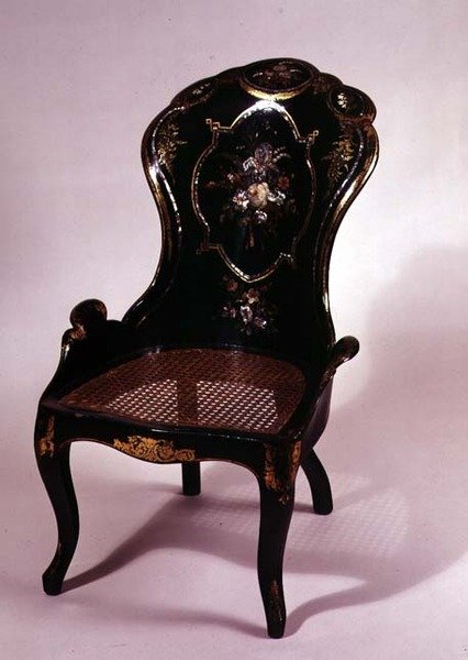 Stol med delt sæde af spanskrør og perlemorsdekoration, ca.1840-50 (papmaché) af English School