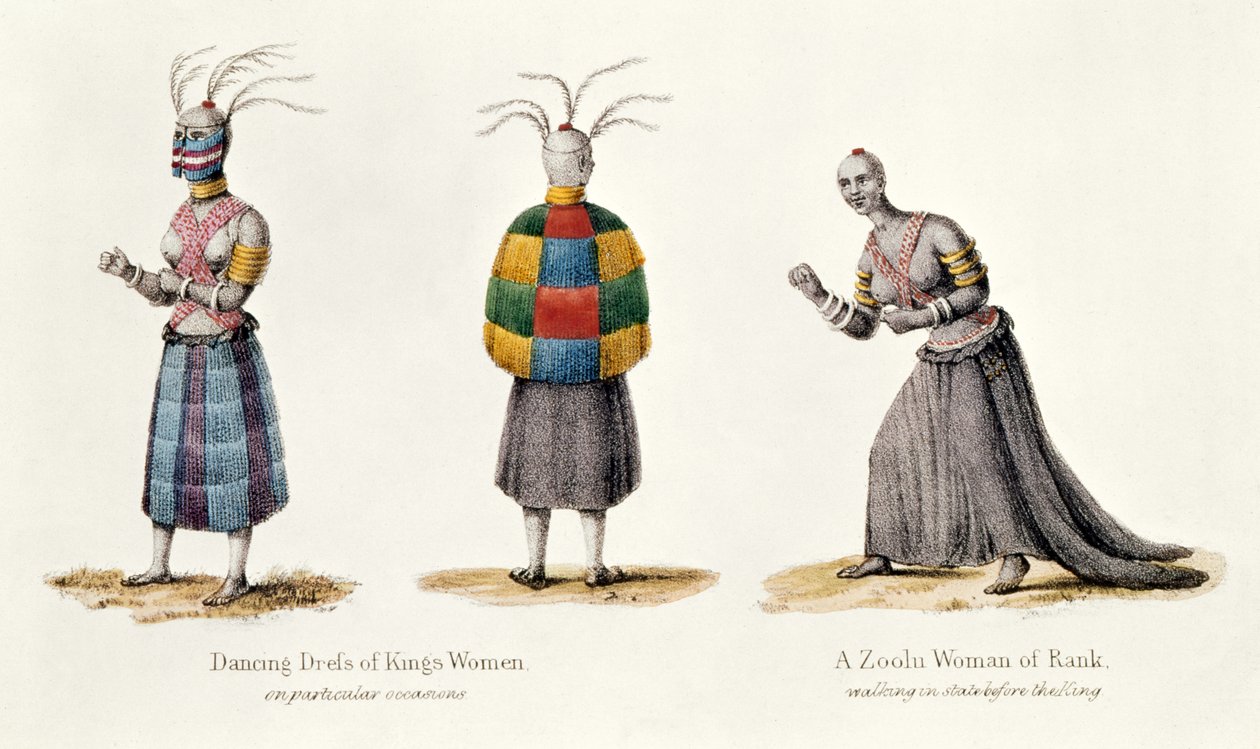 Dancing Dress of Kings Women and a Zulu Woman of Rank, illustration fra Narrative of a Journey to the Zulu Country af A.F. Gardiner, 1836 af English School