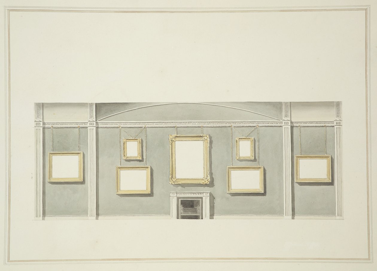 Tegninger til billedet hænger på en af de lange vægge i Sir John Leicesters Gallery, Hill Street, ca. 1806 (wc over blyant på papir) af English School