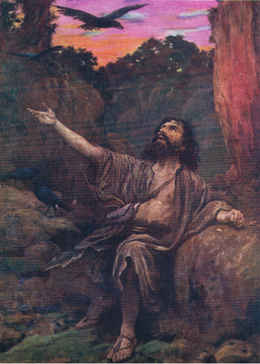 Elijah and the Ravens, fra The Bible Picture Book udgivet af Thomas Nelson, ca. 1950 af English School